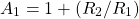 Rendered by QuickLaTeX.com \{对齐*}开始现代{1}= 1 + (R_ {2} / R_{1})结束\{对齐*}
