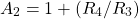 Rendered by QuickLaTeX.com \{对齐*}开始现代{2}= 1 + (R_ {4} / R_{3})结束\{对齐*}
